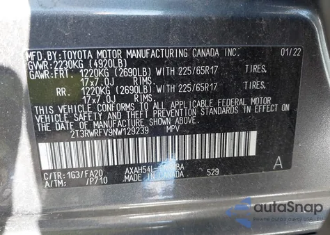 2022 Toyota Rav4 Hybrid Xle из США, поврежденный, VIN 2T3RWRFV9NW129239